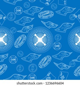 Seamless pattern with roulette, cards, casino chip, money. Vector illustration. Cute Christmas background for wallpaper, gift paper, pattern fills, textile, greetings cards.