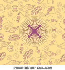 Seamless pattern with roulette, cards, casino chip, money. Vector illustration. Cute Christmas background for wallpaper, gift paper, pattern fills, textile, greetings cards.