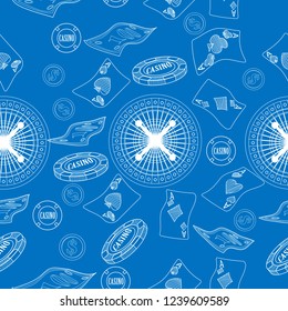 Seamless pattern with roulette, cards, casino chip, money. Vector illustration. Cute Christmas background for wallpaper, gift paper, pattern fills, textile, greetings cards.