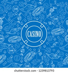 Seamless pattern with roulette, cards, casino chip, money. Vector illustration. Cute Christmas background for wallpaper, gift paper, pattern fills, textile, greetings cards.