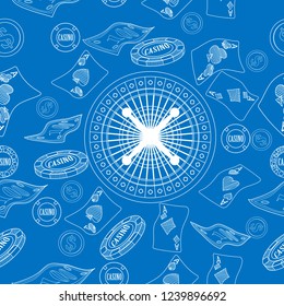 Seamless pattern with roulette, cards, casino chip, money. Vector illustration. Cute Christmas background for wallpaper, gift paper, pattern fills, textile, greetings cards.