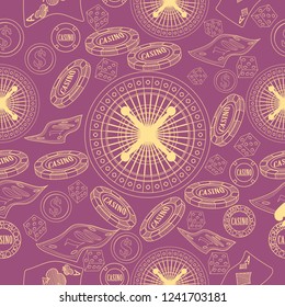 Seamless pattern with roulette, cards, casino chip, money. Vector illustration. Cute Christmas background for wallpaper, gift paper, pattern fills, textile, greetings cards.