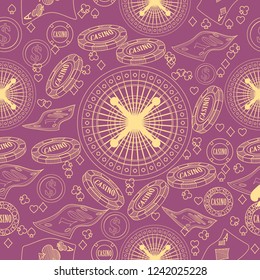 Seamless pattern with roulette, cards, casino chip, money. Vector illustration. Cute Christmas background for wallpaper, gift paper, pattern fills, textile, greetings cards.