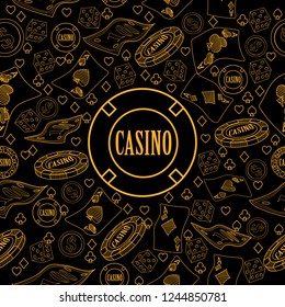 Seamless pattern with roulette, cards, casino chip, money. Vector illustration. Cute Christmas background for wallpaper, gift paper, pattern fills, textile, greetings cards.