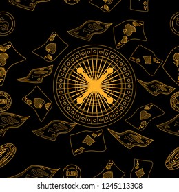 Seamless pattern with roulette, cards, casino chip, money. Vector illustration. Cute Christmas background for wallpaper, gift paper, pattern fills, textile, greetings cards.