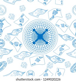 Seamless pattern with roulette, cards, casino chip, money. Vector illustration. Cute Christmas background for wallpaper, gift paper, pattern fills, textile, greetings cards.