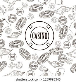 Seamless pattern with roulette, cards, casino chip, money. Vector illustration. Cute background for wallpaper, gift paper, pattern fills, textile, greetings cards.