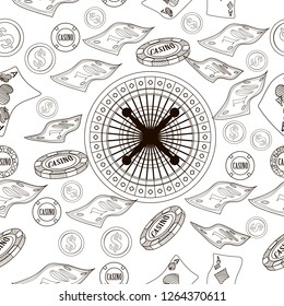 Seamless pattern with roulette, cards, casino chip, money. Vector illustration. Cute background for wallpaper, gift paper, pattern fills, textile, greetings cards.