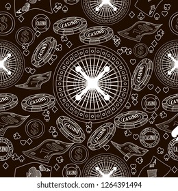 Seamless pattern with roulette, cards, casino chip, money. Vector illustration. Cute background for wallpaper, gift paper, pattern fills, textile, greetings cards.