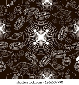 Seamless pattern with roulette, cards, casino chip, money. Vector illustration. Cute background for wallpaper, gift paper, pattern fills, textile, greetings cards.