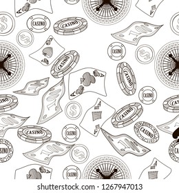 Seamless pattern with roulette, cards, casino chip, money. Vector illustration. Cute background for wallpaper, gift paper, pattern fills, textile, greetings cards.