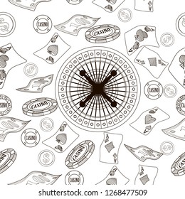 Seamless pattern with roulette, cards, casino chip, money. Vector illustration. Cute background for wallpaper, gift paper, pattern fills, textile, greetings cards.