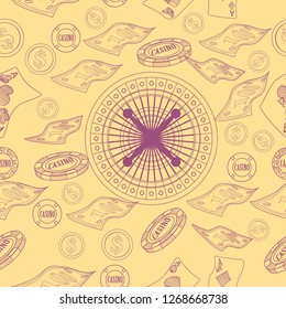 Seamless pattern with roulette, cards, casino chip, money. Vector illustration. Cute background for wallpaper, gift paper, pattern fills, textile, greetings cards.