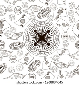 Seamless pattern with roulette, cards, casino chip, money. Vector illustration. Cute background for wallpaper, gift paper, pattern fills, textile, greetings cards.