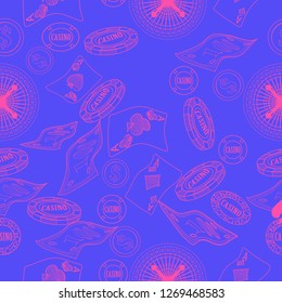 Seamless pattern with roulette, cards, casino chip, money. Vector illustration. Cute background for wallpaper, gift paper, pattern fills, textile, greetings cards.