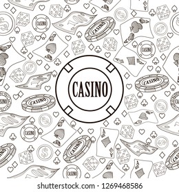Seamless pattern with roulette, cards, casino chip, money. Vector illustration. Cute background for wallpaper, gift paper, pattern fills, textile, greetings cards.