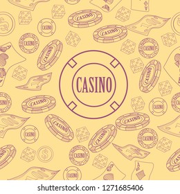 Seamless pattern with roulette, cards, casino chip, money. Vector illustration. Cute background for wallpaper, gift paper, pattern fills, textile, greetings cards.