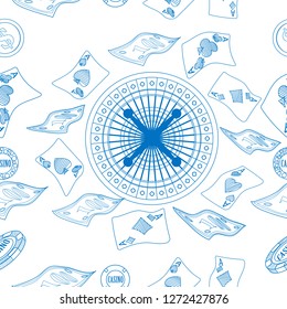 Seamless pattern with roulette, cards, casino chip, money. Vector illustration. Cute background for wallpaper, gift paper, pattern fills, textile, greetings cards.