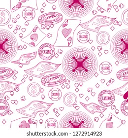 Seamless pattern with roulette, cards, casino chip, money. Vector illustration. Cute background for wallpaper, gift paper, pattern fills, textile, greetings cards.