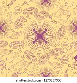 Seamless pattern with roulette, cards, casino chip, money. Vector illustration. Cute background for wallpaper, gift paper, pattern fills, textile, greetings cards.