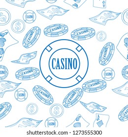 Seamless pattern with roulette, cards, casino chip, money. Vector illustration. Cute background for wallpaper, gift paper, pattern fills, textile, greetings cards.