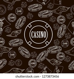Seamless pattern with roulette, cards, casino chip, money. Vector illustration. Cute background for wallpaper, gift paper, pattern fills, textile, greetings cards.