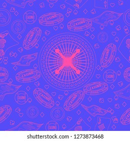 Seamless pattern with roulette, cards, casino chip, money. Vector illustration. Cute background for wallpaper, gift paper, pattern fills, textile, greetings cards.