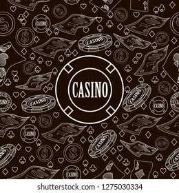 Seamless pattern with roulette, cards, casino chip, money. Vector illustration. Cute background for wallpaper, gift paper, pattern fills, textile, greetings cards.