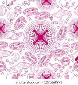 Seamless pattern with roulette, cards, casino chip, money. Vector illustration. Cute background for wallpaper, gift paper, pattern fills, textile, greetings cards.