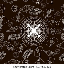 Seamless pattern with roulette, cards, casino chip, money. Vector illustration. Cute background for wallpaper, gift paper, pattern fills, textile, greetings cards.