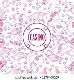 Seamless pattern with roulette, cards, casino chip, money. Vector illustration. Cute background for wallpaper, gift paper, pattern fills, textile, greetings cards.