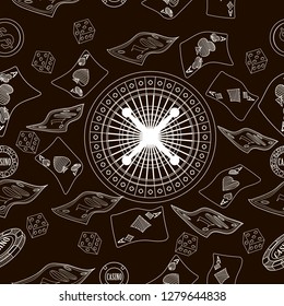 Seamless pattern with roulette, cards, casino chip, money. Vector illustration. Cute background for wallpaper, gift paper, pattern fills, textile, greetings cards.