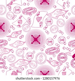 Seamless pattern with roulette, cards, casino chip, money. Vector illustration. Cute background for wallpaper, gift paper, pattern fills, textile, greetings cards.