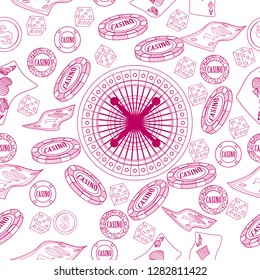 Seamless pattern with roulette, cards, casino chip, money. Vector illustration. Cute background for wallpaper, gift paper, pattern fills, textile, greetings cards.