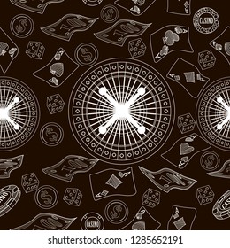 Seamless pattern with roulette, cards, casino chip, money. Vector illustration. Cute background for wallpaper, gift paper, pattern fills, textile, greetings cards.