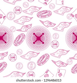 Seamless pattern with roulette, cards, casino chip, money. Vector illustration. Cute background for wallpaper, gift paper, pattern fills, textile, greetings cards.
