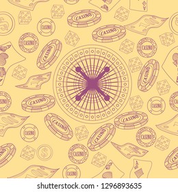 Seamless pattern with roulette, cards, casino chip, money. Vector illustration. Cute background for wallpaper, gift paper, pattern fills, textile, greetings cards.