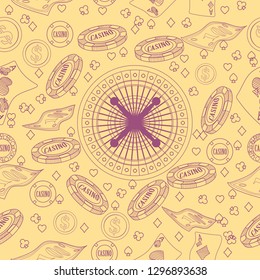 Seamless pattern with roulette, cards, casino chip, money. Vector illustration. Cute background for wallpaper, gift paper, pattern fills, textile, greetings cards.