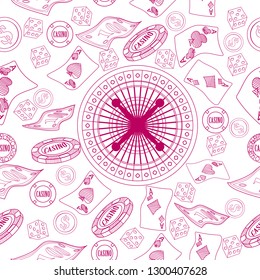 Seamless pattern with roulette, cards, casino chip, money. Vector illustration. Cute background for wallpaper, gift paper, pattern fills, textile, greetings cards