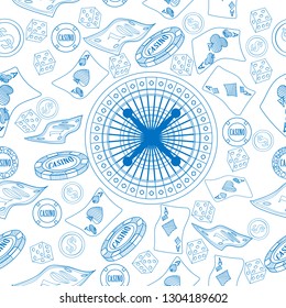 Seamless pattern with roulette, cards, casino chip, money. Vector illustration. Cute background for wallpaper, gift paper, pattern fills, textile, greetings cards.