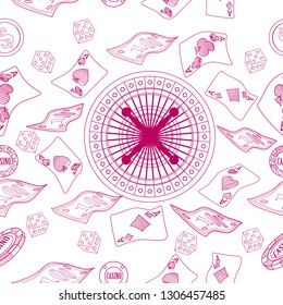 Seamless pattern with roulette, cards, casino chip, money. Vector illustration. Cute background for wallpaper, gift paper, pattern fills, textile, greetings cards