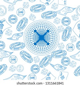 Seamless pattern with roulette, cards, casino chip, money. Vector illustration. Cute background for wallpaper, gift paper, pattern fills, textile, greetings cards.