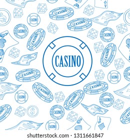 Seamless pattern with roulette, cards, casino chip, money. Vector illustration. Cute background for wallpaper, gift paper, pattern fills, textile, greetings cards.