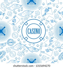 Seamless pattern with roulette, cards, casino chip, money. Vector illustration. Cute background for wallpaper, gift paper, pattern fills, textile, greetings cards.