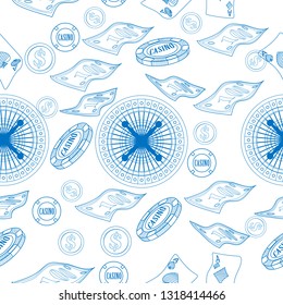 Seamless pattern with roulette, cards, casino chip, money. Vector illustration. Cute background for wallpaper, gift paper, pattern fills, textile, greetings cards.