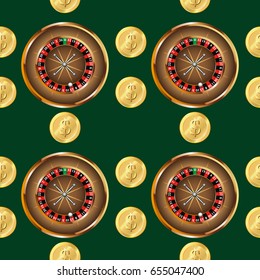 Seamless pattern of roulette and money. Casino.