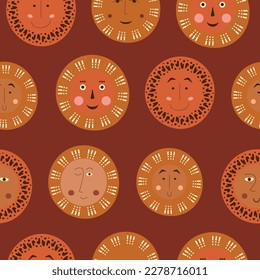 Seamless pattern, round abstract faces. Repeating backdrop, guy droll image. Cute creative surface design
