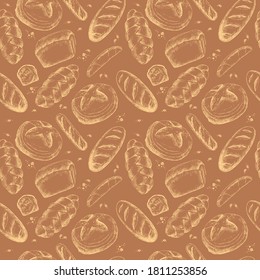 Seamless Pattern with round, braided and rye bread, French baguette, white long Loaf. Bakery product.Vintage style. For printing wrapping paper, packaging, fabric. Hand Drawn vector illustration.