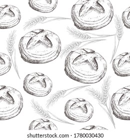 Seamless Pattern with round Bread and spikelets. Bakery product. For printing wrapping paper, packaging, fabric. Hand Drawn vector illustration.