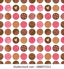 Patrón sin foco con chocolates redondos, caramelos, caramelos con acristalamiento, nueces y rociadores. Colores marrón y rosa. Vector San Valentín fondo del día para envolver papel, envoltura, embalaje, tarjetas, tela.
